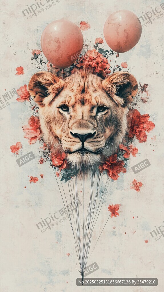 梦幻狮子花卉气球插画