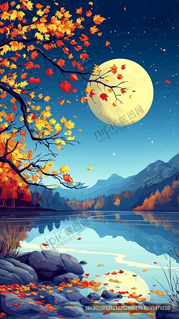 秋夜湖畔明月与落叶美景