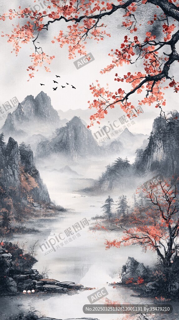 水墨山水间的红叶飞鸟景