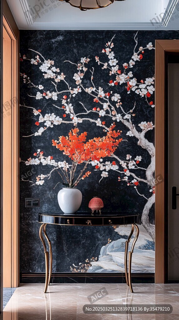 中式玄关梅花壁画装饰