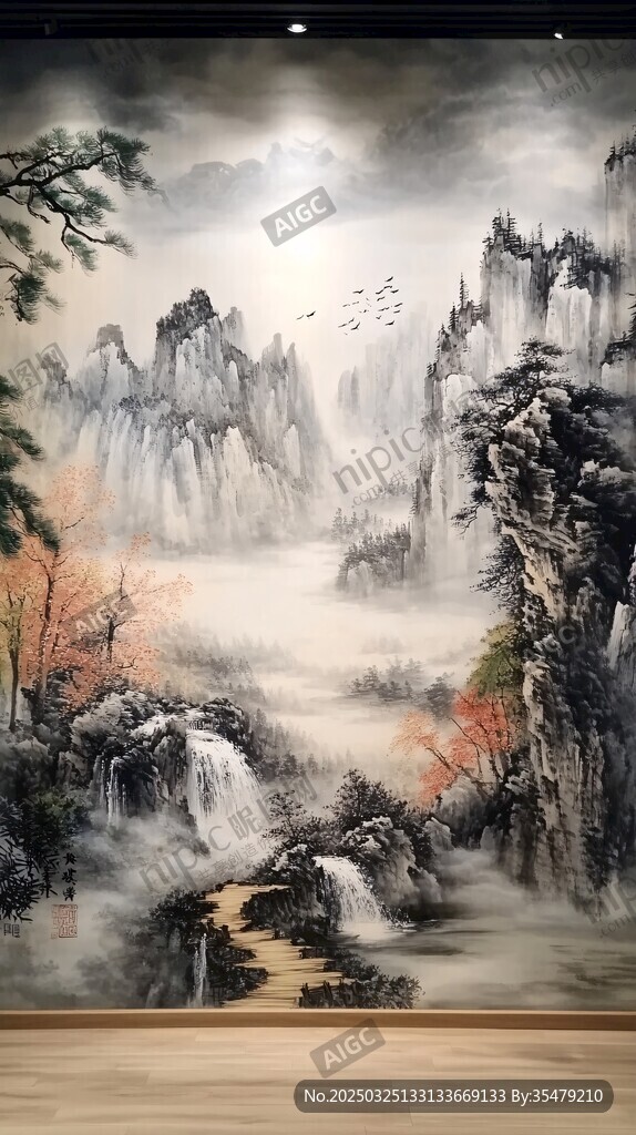 中式山水壁画 意境悠远