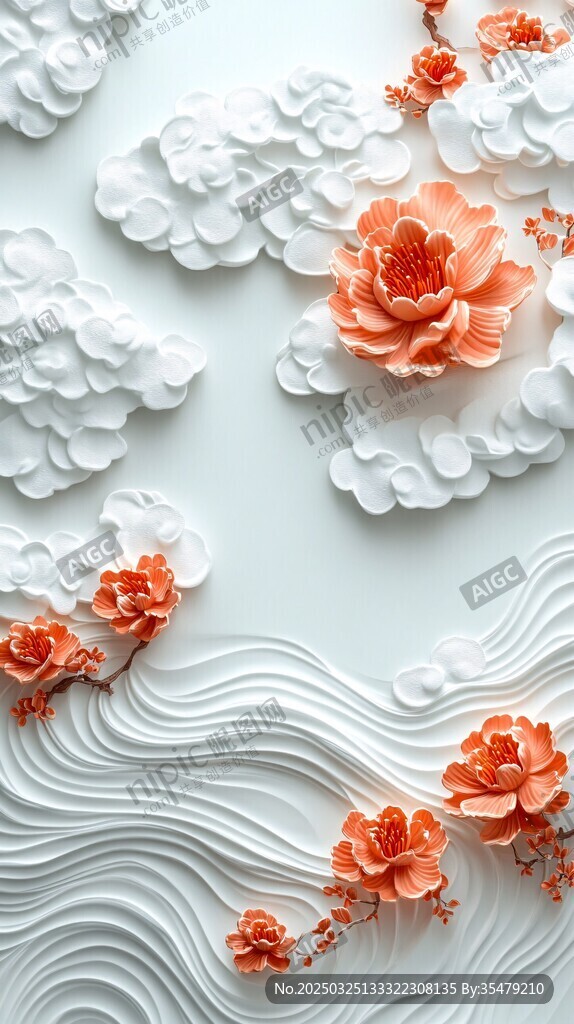 中式浮雕花朵云朵装饰图