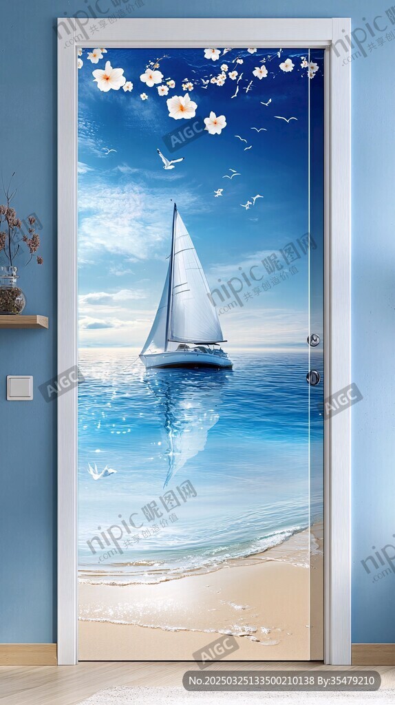 海边帆船风景门贴画