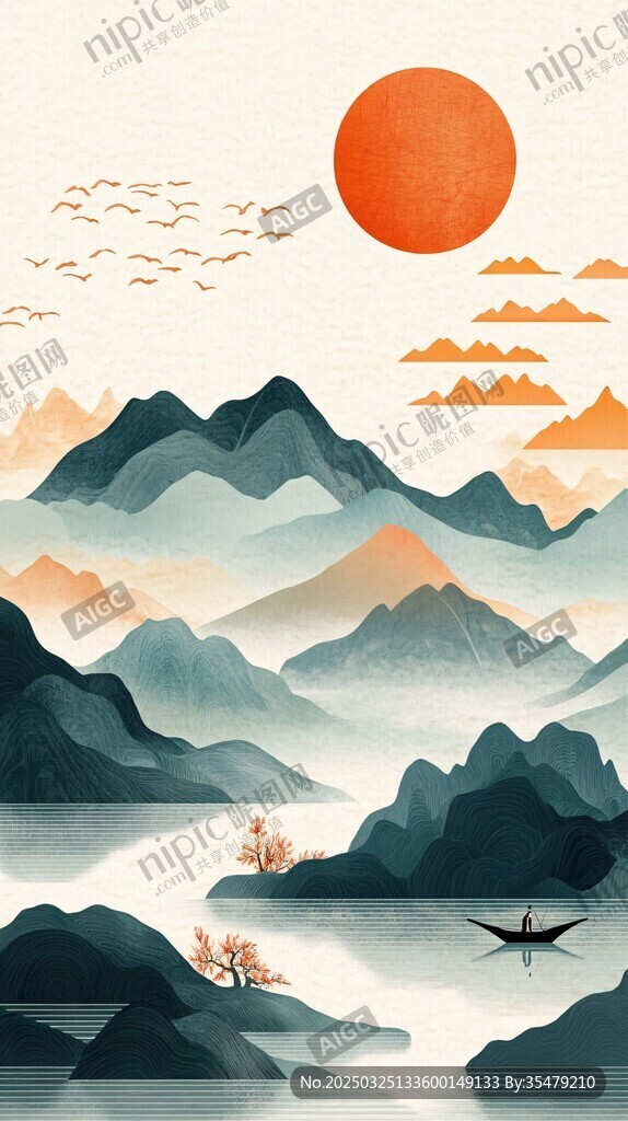 水墨山水间的孤舟落日景