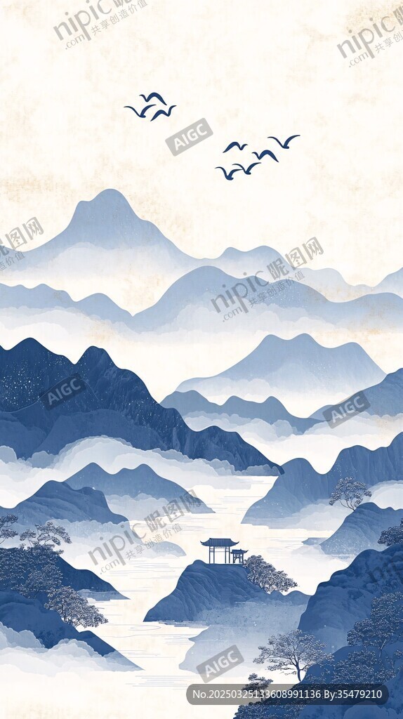 水墨山水间飞鸟绕亭景