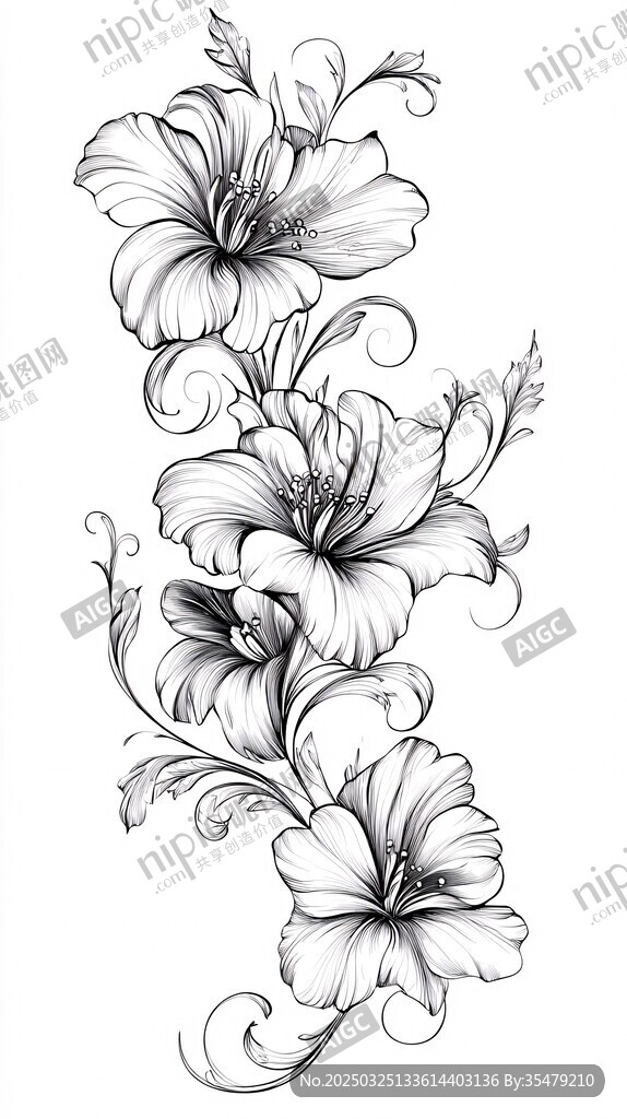 黑白手绘芙蓉花藤蔓图案
