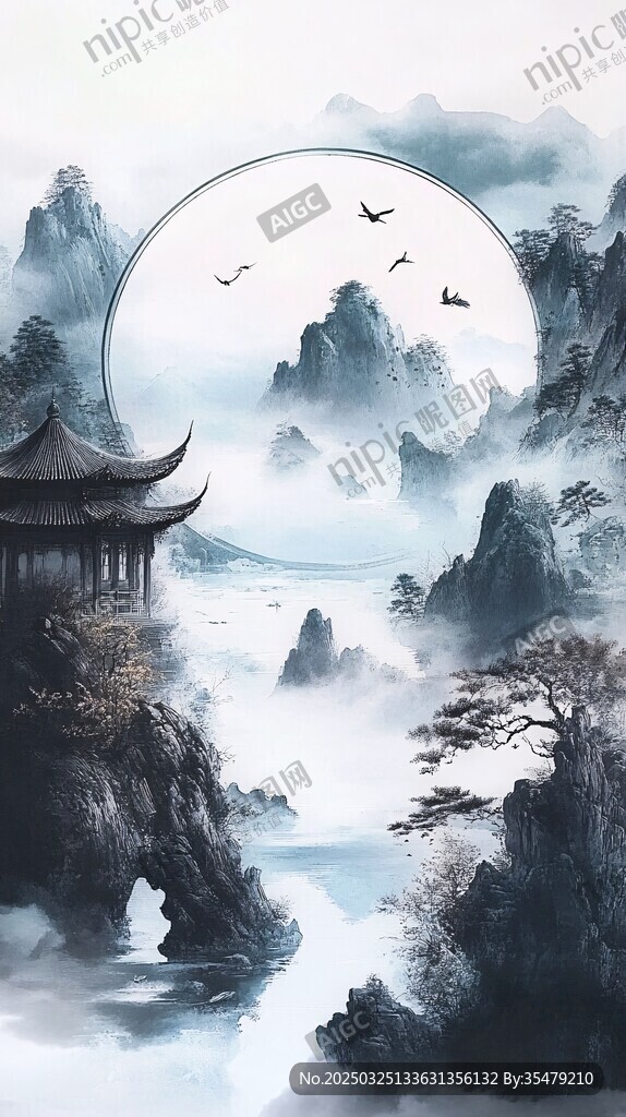 水墨山水间的古韵亭景