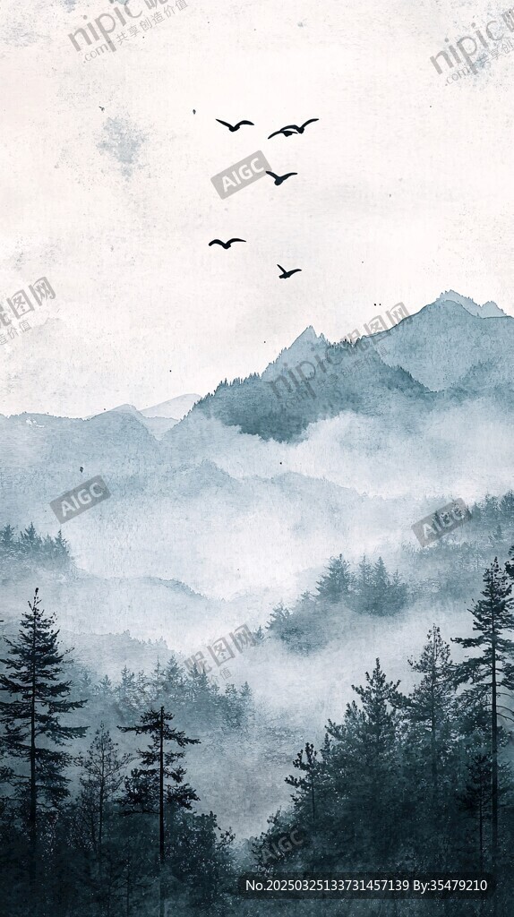 山间飞鸟伴雾霭森林