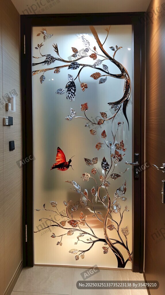 玻璃门绘花鸟灵动图案