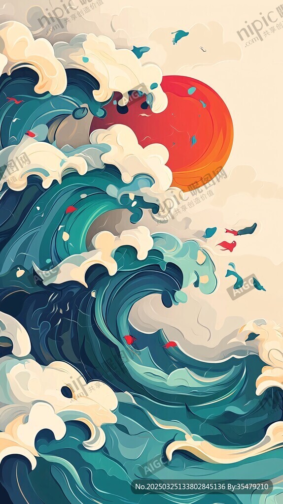 海浪红日飞鸟的梦幻图景