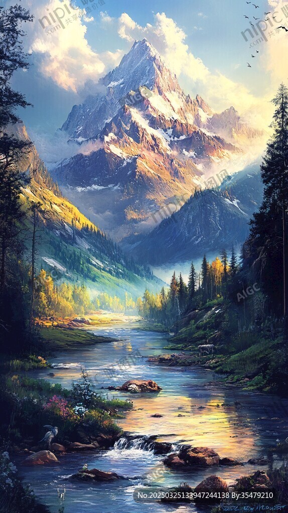 山间溪流旁的壮丽雪山景色