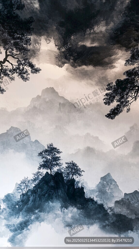 水墨云雾间的孤松峻岭