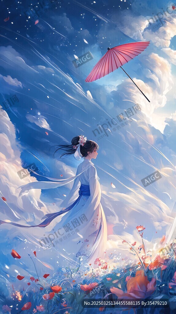 古风女子持伞漫步星夜花海