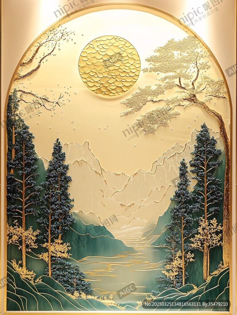 中式山水月夜金雕壁画