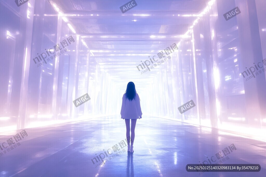 女孩独行于梦幻光影隧道