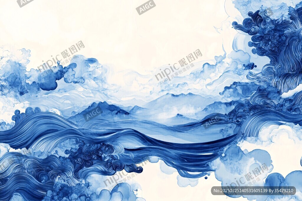 水墨蓝调云海图