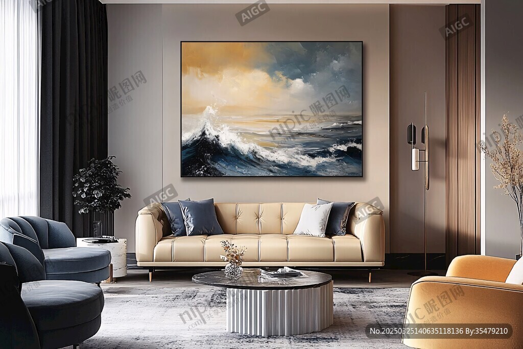现代客厅中的海洋风装饰画