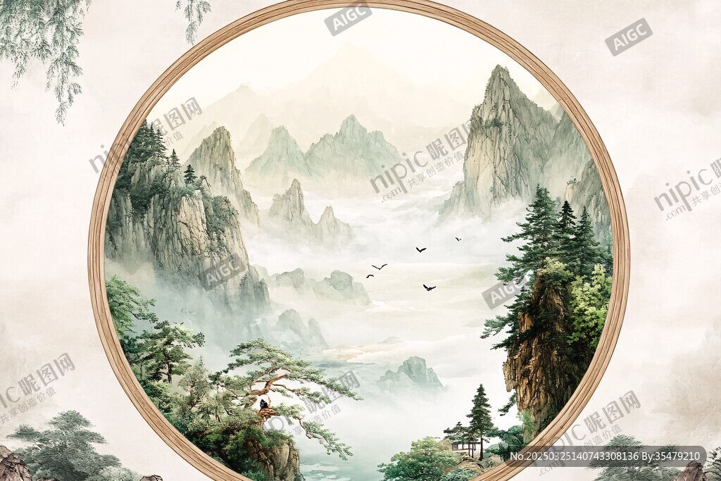 圆形山水国画意境悠然