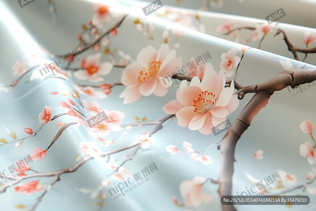 淡蓝底繁花丝绸面料