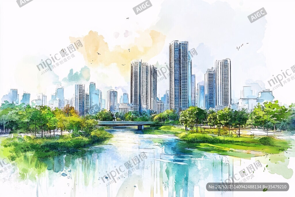 水彩绘就的城市河畔风光