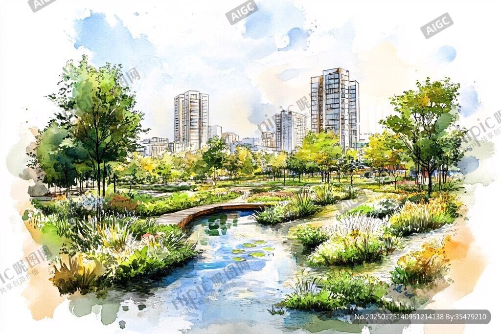 城市中的静谧水彩花园