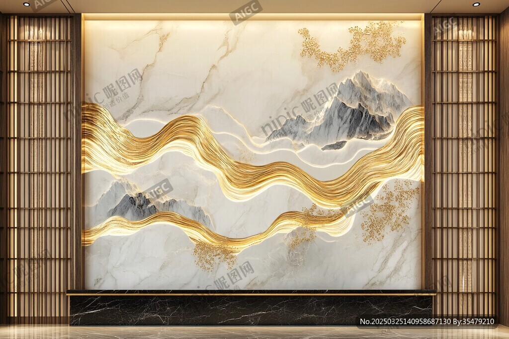 中式金纹山水艺术背景墙