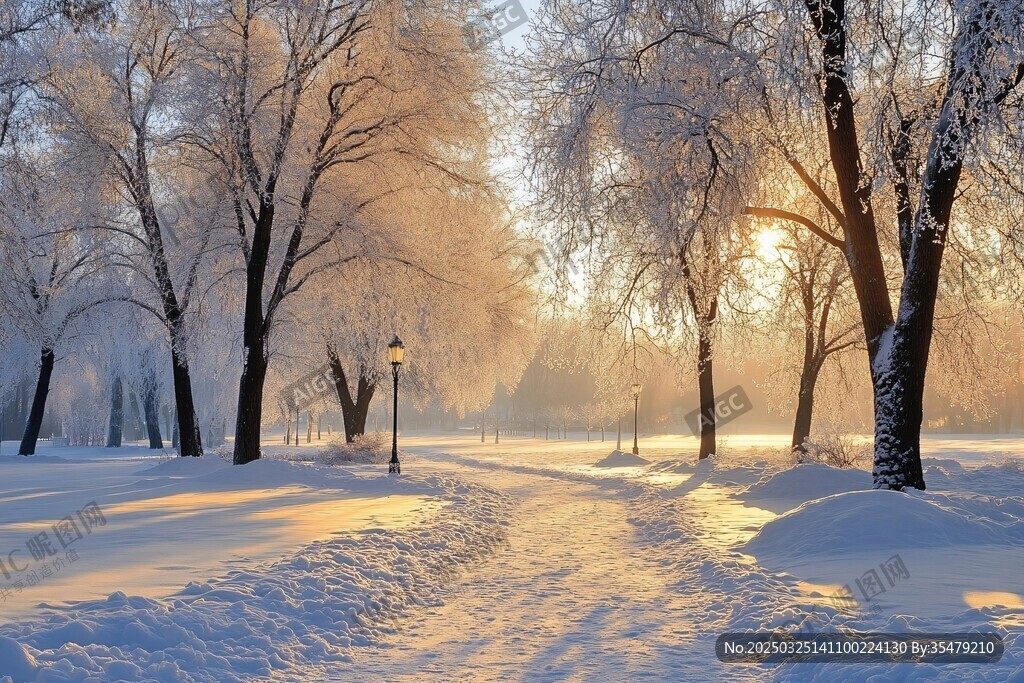 冬日晨景 雪覆树林与暖阳