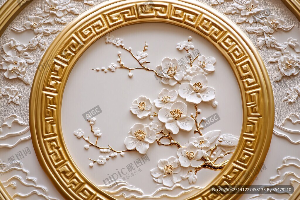 中式金框浮雕花卉装饰画