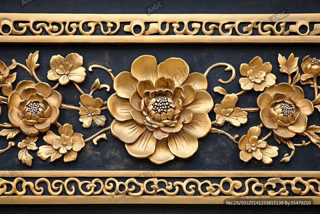 中式金色花卉木雕装饰