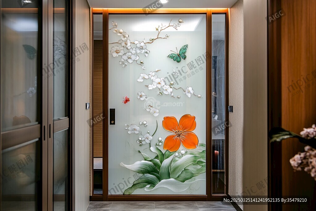 中式花卉玻璃门玄关美景