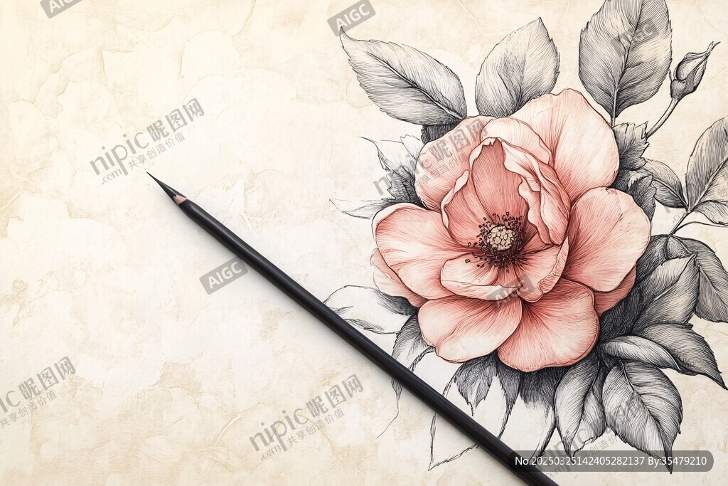 手绘粉花配铅笔艺术画面