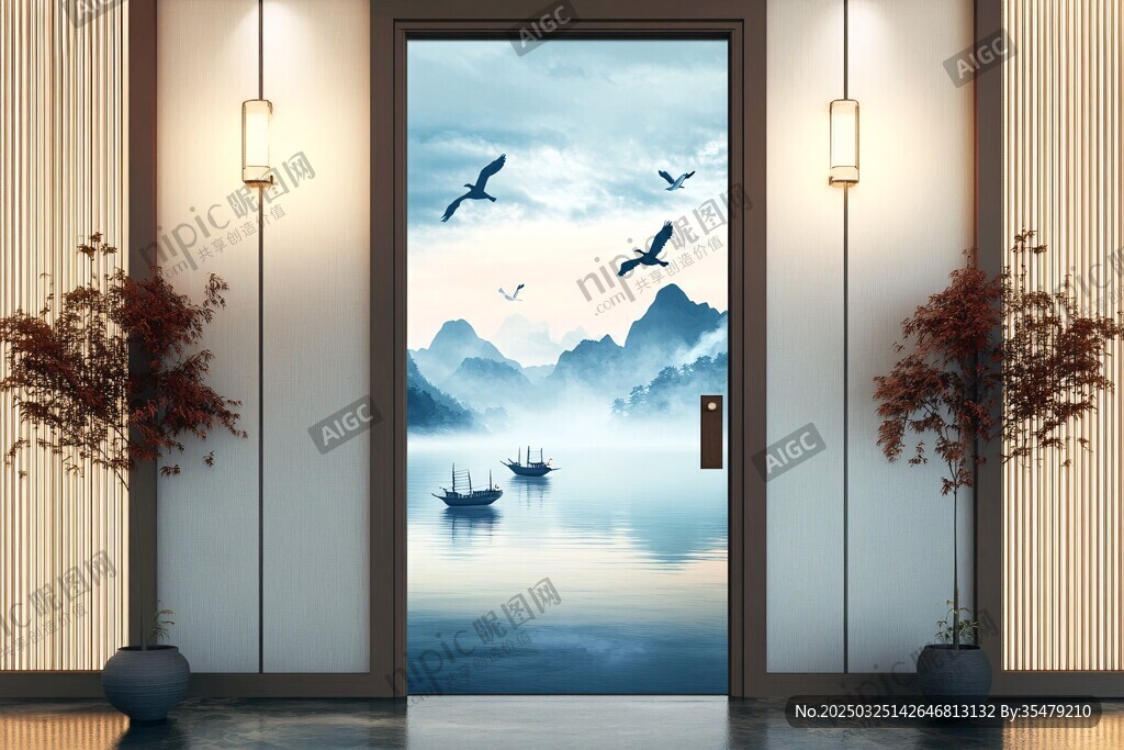 中式山水入户门装饰画