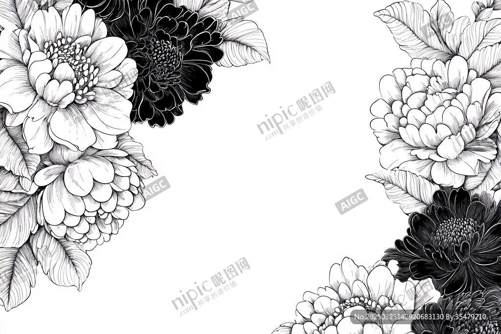 黑白花卉边框插画设计