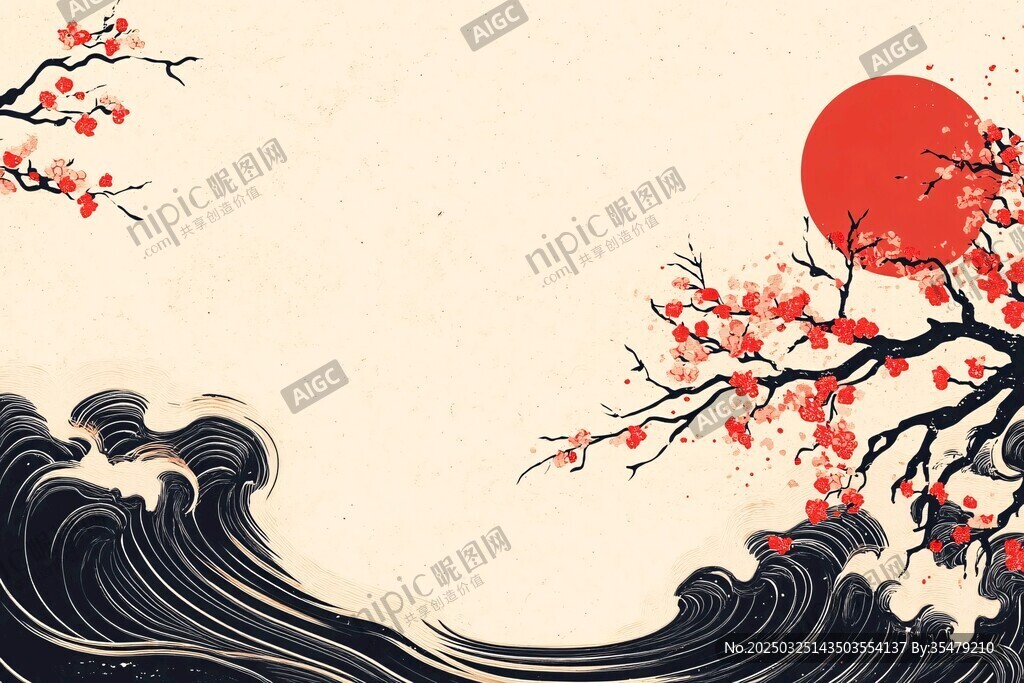 日式浮世绘风格红日海浪梅花图