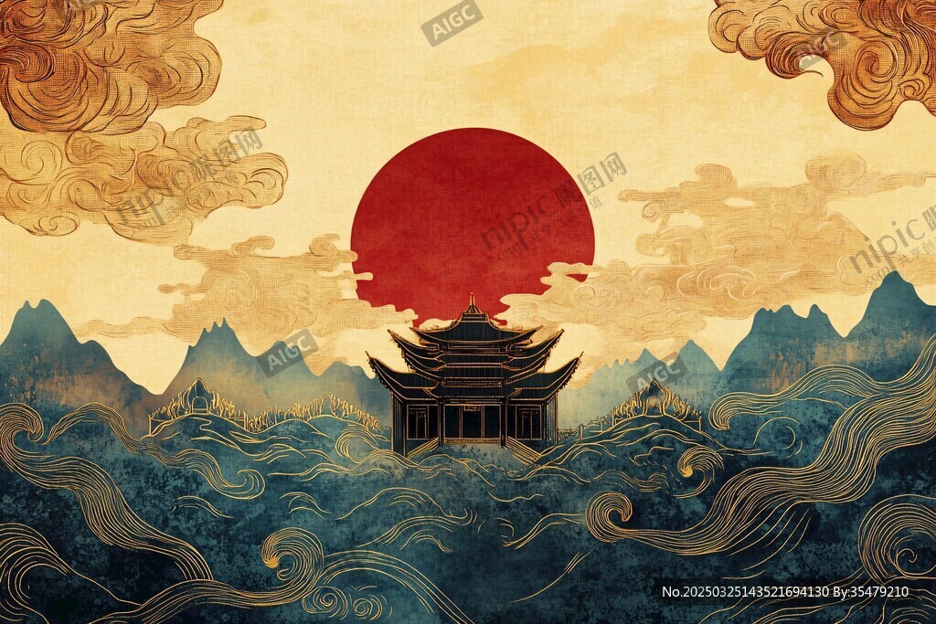 落日下的中式山水楼阁图