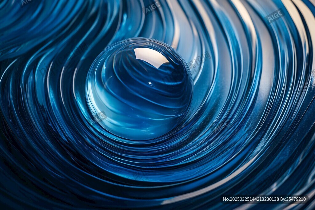 蓝色水波中的晶莹水滴