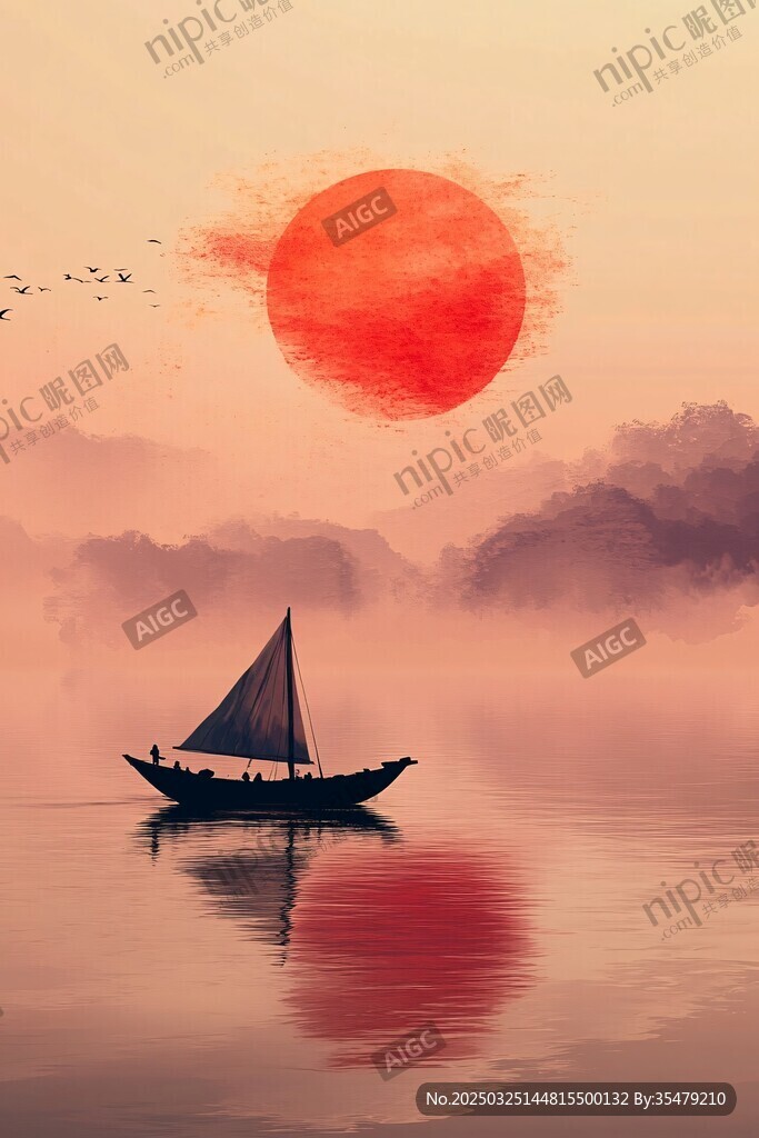 夕阳下孤舟泛于平静湖面