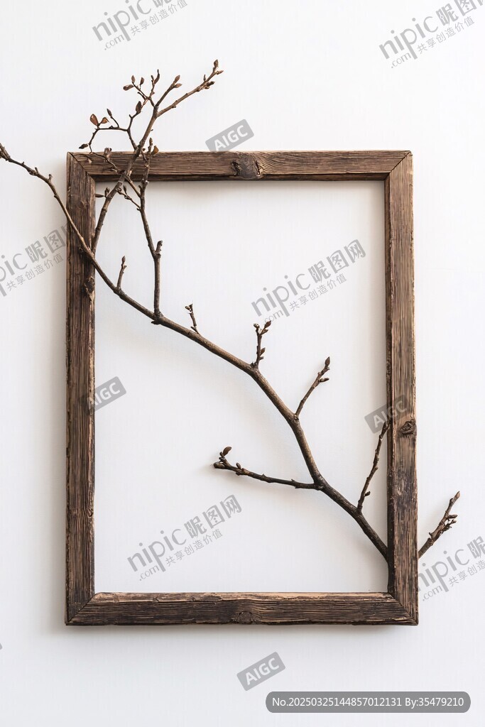 木框中伸展的枯树枝