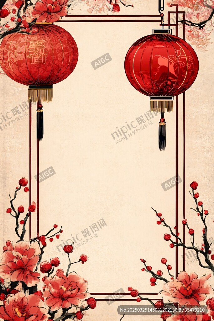 中式灯笼桃花边框背景图