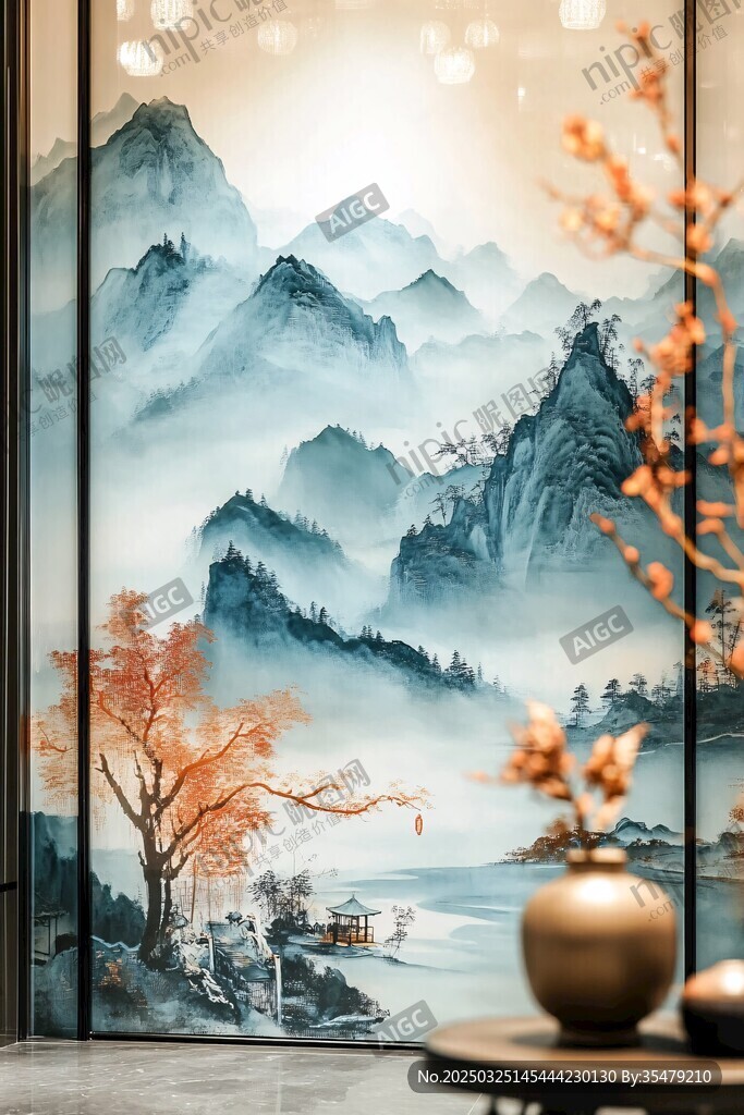 中式山水壁画装饰场景