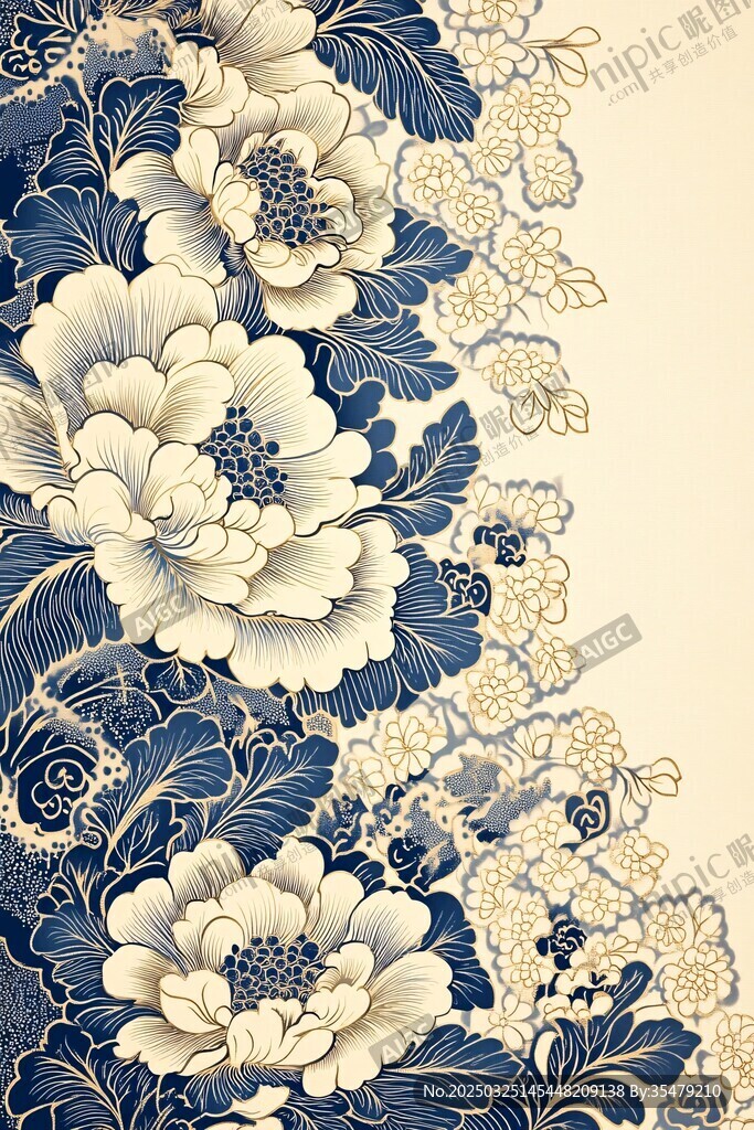 蓝白牡丹花卉精致纹样