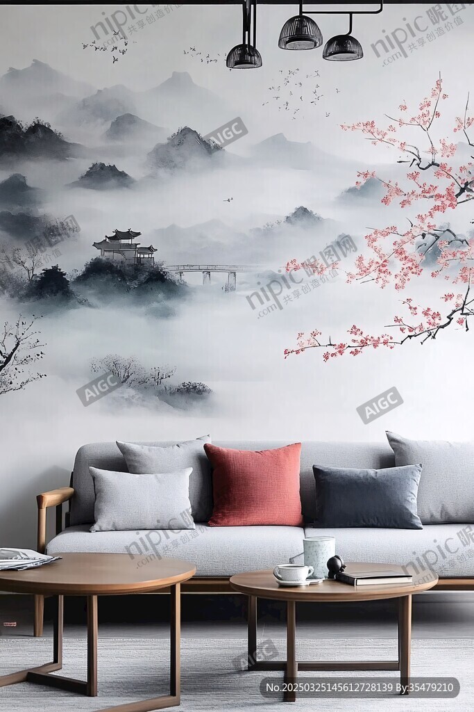 中式水墨风客厅沙发背景墙
