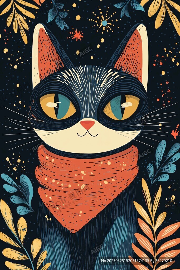 可爱黑猫戴围巾置身花草间
