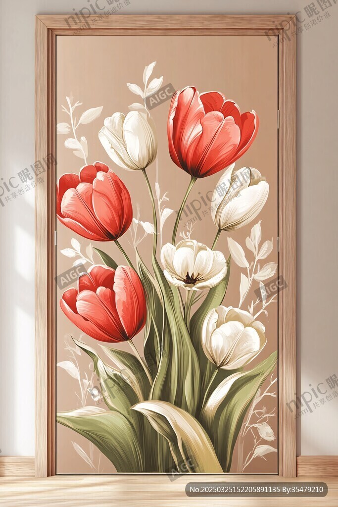 门饰上的红白郁金香花卉