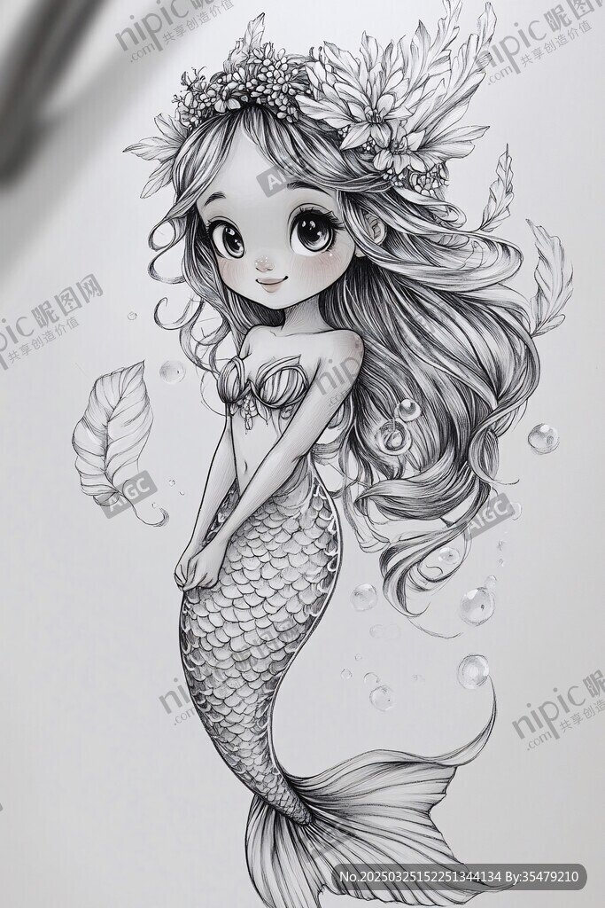 手绘可爱美人鱼女孩插画