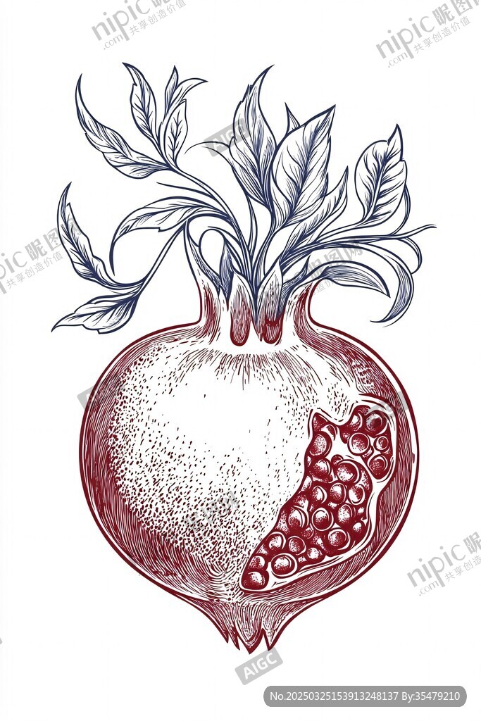 手绘石榴插画 带枝叶果实