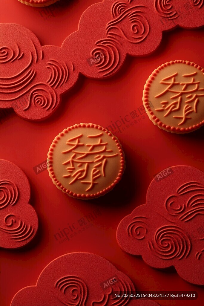 红色云纹上的中式月饼