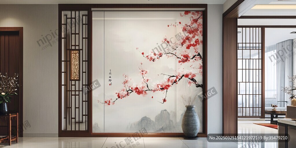 中式玄关梅花屏风装饰图