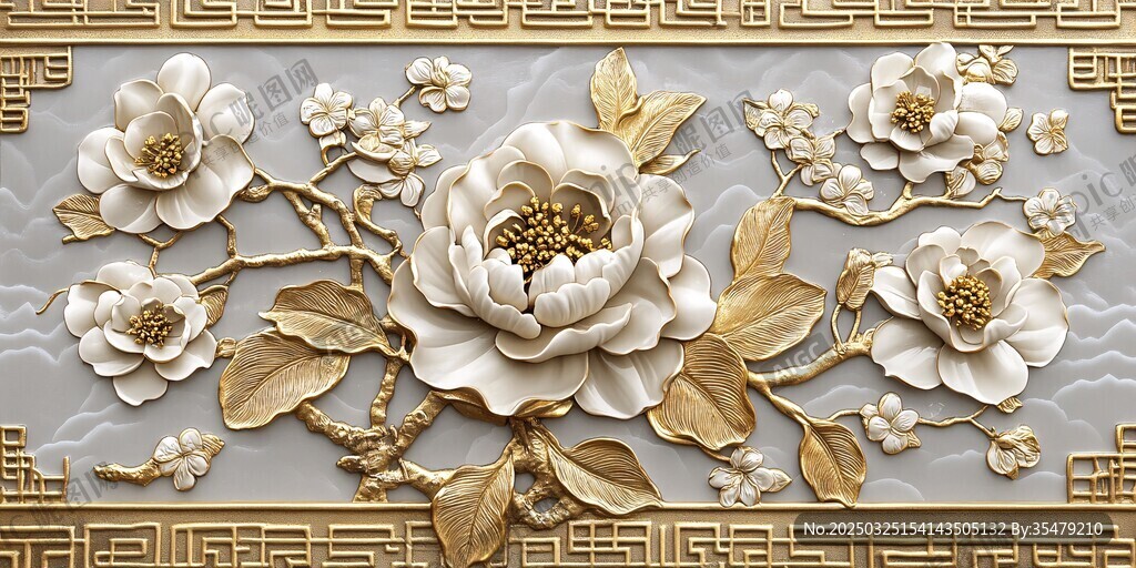 中式浮雕白花金叶装饰图