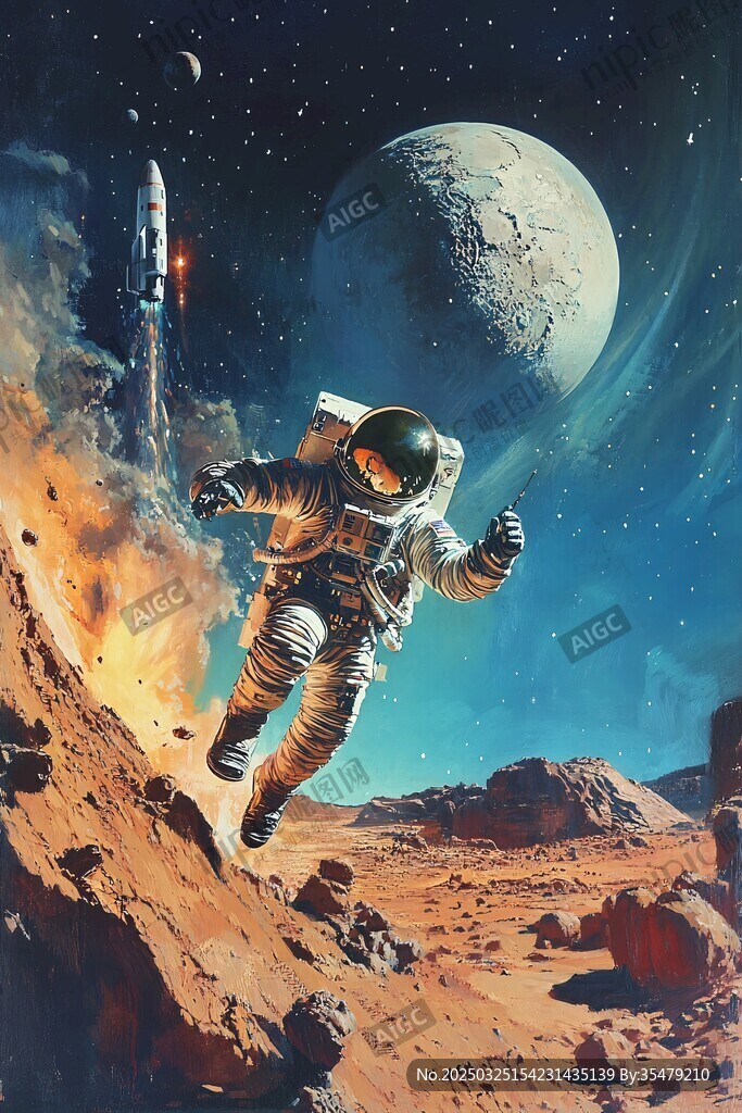 宇航员漫步火星奇幻场景